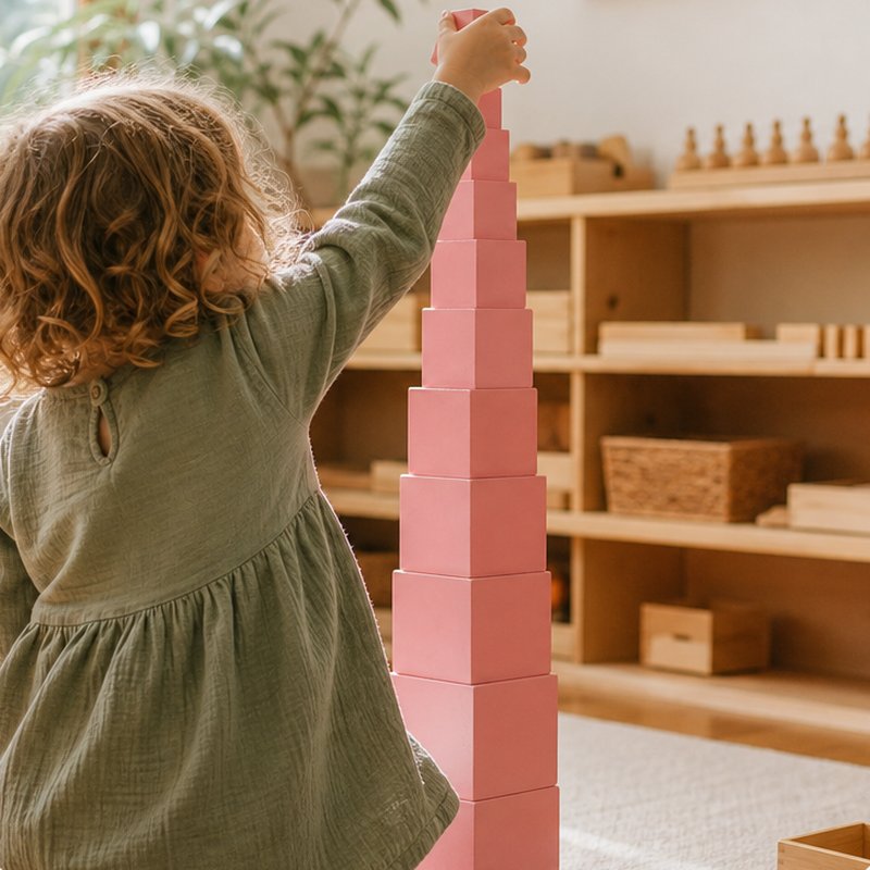 Dítě se zaujetím staví vysokou růžovou věž z Montessori pomůcek