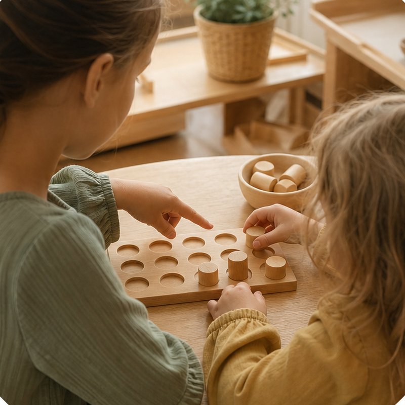 Starší dítě pomáhá mladšímu s dřevěnou Montessori pomůckou u stolku