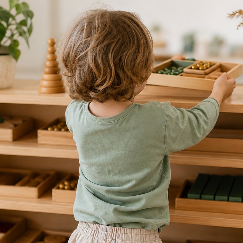 Dítě si samostatně vybírá tác s pomůckou z uspořádané Montessori police